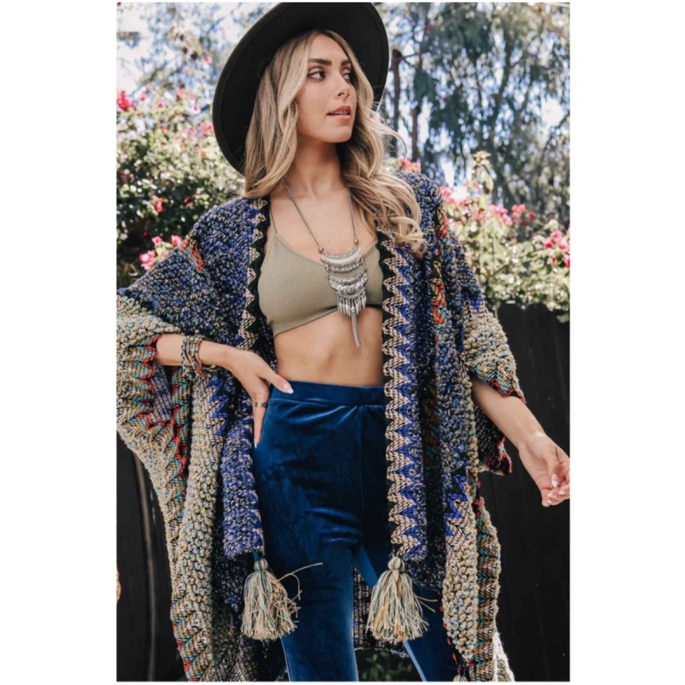 Boho Multicolor Crochet Tassel hem Poncho Shawl